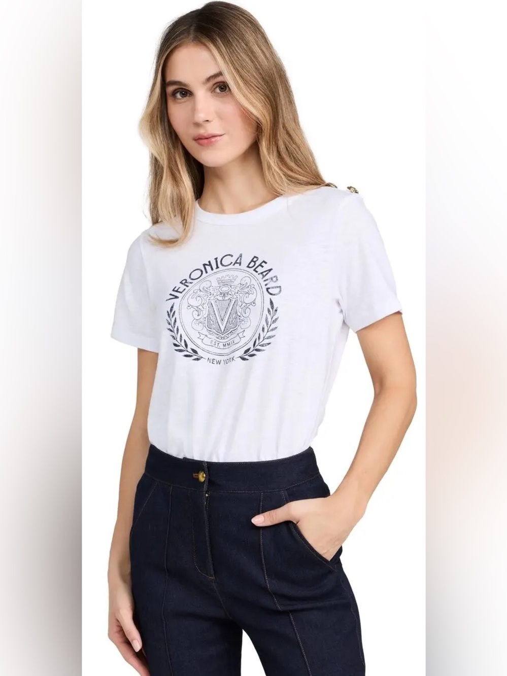 Veronica Beard Carla White Crest Graphic Pima Cotton Tee Gold Buttons Sz Small
